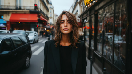 Modische junge Frau im Portr&auml;t auf einer Stra&szlig;e in Paris