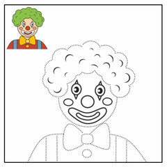 Tracing and coloring worksheet with a clown, helping kids learn line copying and coloring creatively.