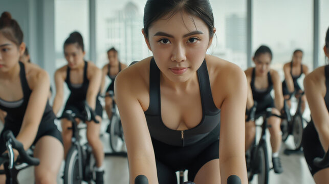 Energetic young women enjoy a cycling class, pedaling hard on bike simulators at a vibrant fitness center.