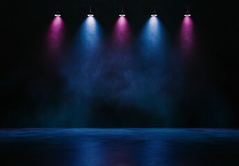 Dark Stage With Pink And Blue Spotlights And Foglighting
