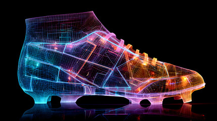 A digital rendering of a soccer cleat with a wireframe design and vibrant neon color gradients
