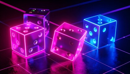 Three vibrant neon dice, pink and blue, illuminate a dark, gridded surface, showcasing a futuristic and playful design.
