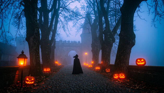 Figure in Black Cloak Walking Cobblestone Path with Glowing Jack-o'-Lanterns