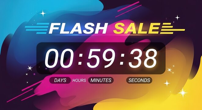 Dynamic Flash Sale countdown timer with vibrant colors creates urgency for limited-time promotions.
