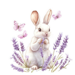 Obraz premium Cute white bunny rabbit sitting in lavender flowers with butterflies, isolated on transparent background