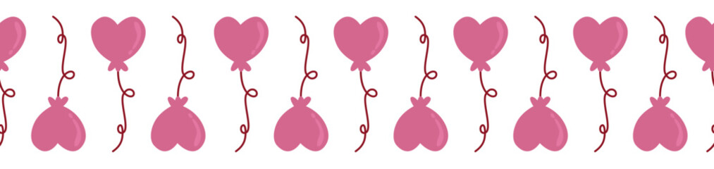 Seamless horizontal border with hand-drawn pink heart balloons and curling strings on white background