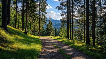 Obraz premium Sunny forest path winding through tall trees to a distant mountain range