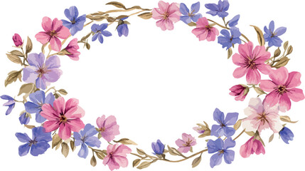 Fototapeta premium Oval floral wreath with delicate pink and purple blossoms and green leaves on white background