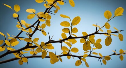 Golden foliage on thorny branches against a serene blue gradient backdrop