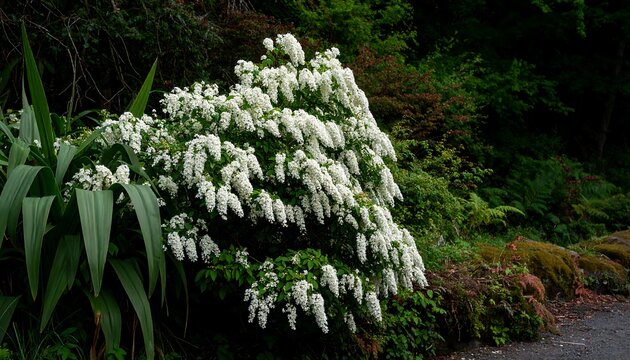 A lush, flowering shrub with cascading white blossoms, nestled within a verdant garden setting