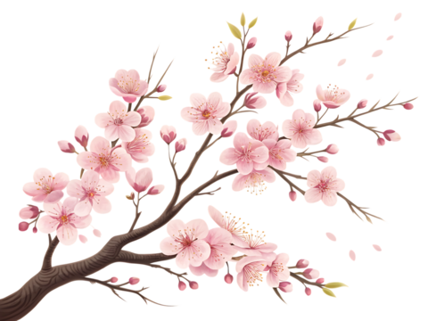 A branch of cherry blossoms with pink flowers and buds on a dark background in a watercolor style image created with generated ai