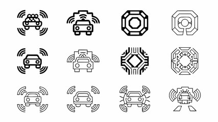 Fototapeta premium Illustration showing a collection of self driving cars and geometric shapes in black and white style | editable eps vectors silhouette