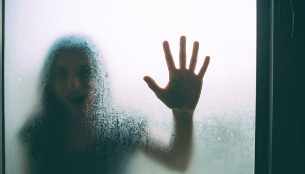 Scared Woman Behind Frosted Glass, Horror and Fear Concept - Powered by Adobe