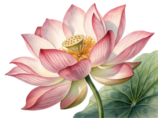 Close up watercolor painting of a pink lotus flower with a green stem and leaf on a black background created with generated ai