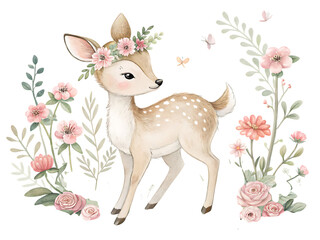 A fawn with a flower crown surrounded by flowers and butterflies on a black background illustration created with generated ai