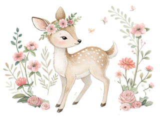 A fawn with a flower crown surrounded by flowers and butterflies on a black background illustration created with generated ai