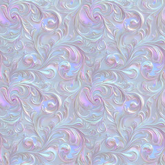 Pearlescent holographic seamless pattern with ornate swirling floral design
