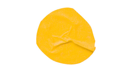 Yellow circle masking tape sticker with wrinkled edges, separate wrinkled round paper on transparent background.