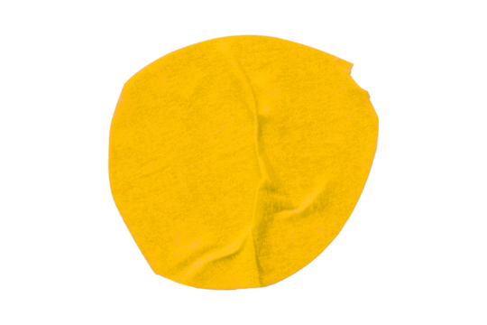 Yellow circle masking tape sticker with wrinkled edges, separate wrinkled round paper on transparent background.