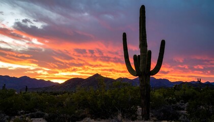 A dramatic sunset over the desert mountains, featuring a towering saguaro cactus silhouetted against the vibrant colors of the sky.