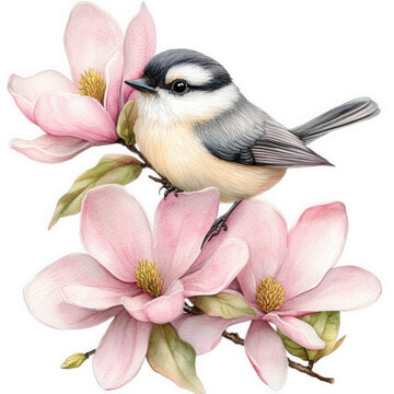 Small bird perched on magnolia flowers isolated on transparent background