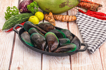 Raw fresh green wild mussels seafood
