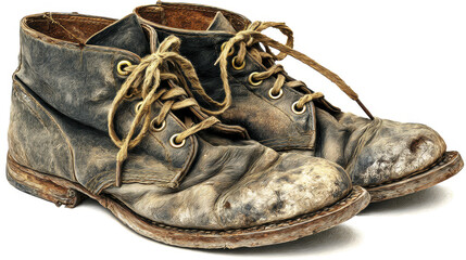Pair of worn leather shoes with frayed laces and scuffed toes, showing signs of long use and rugged journey, evoking sense of history and endurance