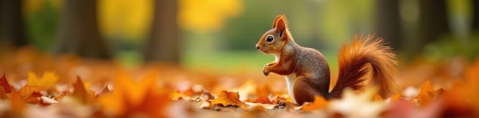 Obraz premium Rusty brown squirrel amidst vibrant autumn leaves in a Czech park , leaf litter, forest, orange