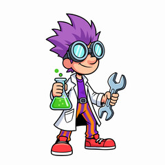 Obraz premium Funny cartoon scientist with potion and wrench, science experiment character