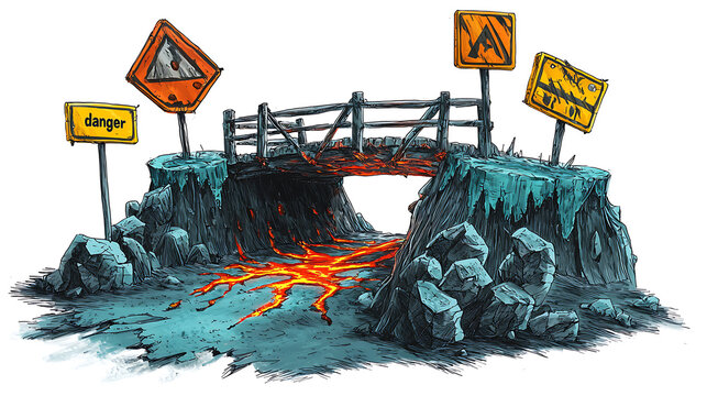 Illustration of a rickety bridge over a river of lava, with danger signs indicating hazardous conditions, a perilous crossing