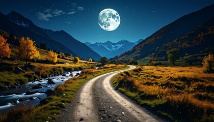 Countryside mountain landscape in autumn at night, with rural road winding through valley fields and hillside trees. A small flowing stream shimmers under full moonlight, scenic travel vista