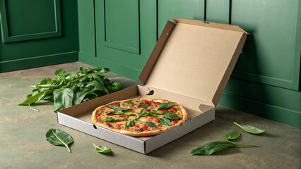 Yummy pizza in a box on the table