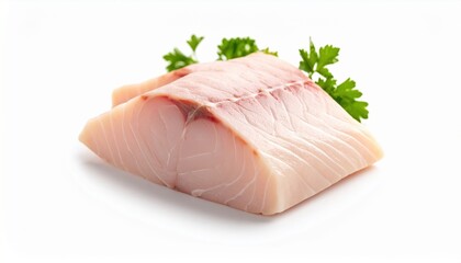 Fresh Piece of Raw Fish Garnished with Parsley on a White Plate Ready for Culinary Presentation Delight