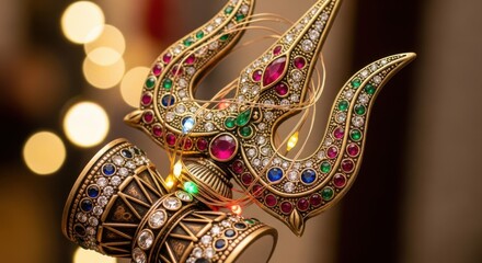 Ornate Trident and Drum Adorned with Precious Gems