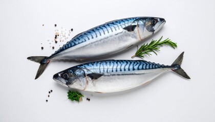 Naklejka premium Two Fresh Mack Fish Garnished with Aromatic Herbs and Spices on a Clean Bright White Background