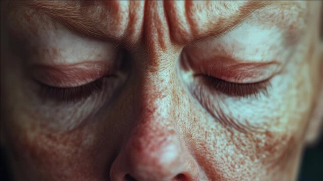 Sad, old lady with wrinkles, dark circles under her eyes, and a distraught expression