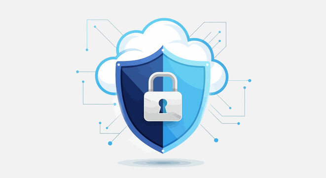 Cloud computing security concept showing a shield with a padlock protecting digital data. Cybersecurity and information privacy illustration. - Powered by Adobe