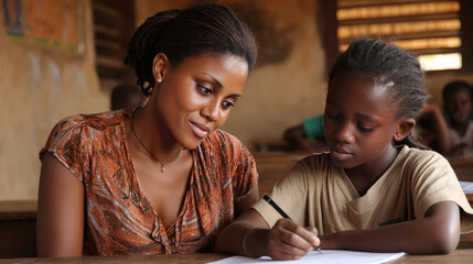 An African teacher assisting a student with math homework in a warm, welcoming classroom setting. Black African children from disadvantaged families study in school, read books