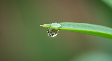 Crystal Drop of Life: A singular, perfect droplet hangs precariously from the tip of a vibrant, green leaf, reflecting a miniature world within.