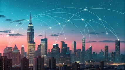 Modern cityscape illuminated with global network connections at twilight with a vibrant sky