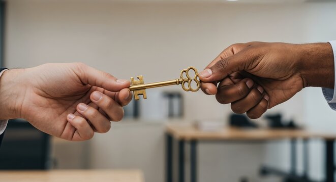 Passing of Golden Key: A close-up captures the elegant handover of a golden key between two hands, symbolizing new beginnings and access. 