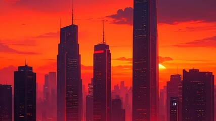Red sunset cityscape silhouette