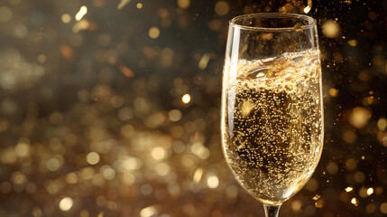 Close-up of champagne glass with golden bubbles and falling confetti in glowing warm light for a glamorous new year