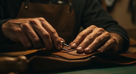 Artisan's Touch: A skilled artisan meticulously works on a piece of premium leather, focused and dedicated to the craft.