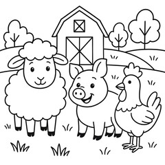 Farm animals, including sheep, pigs, and chickens, live in the countryside in a children's coloring book style.
