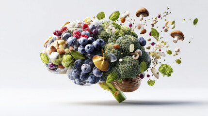 Healthy brain concept with fresh broccoli, blueberries, nuts, mushrooms, and herbs flying in dynamic motion, symbolizing nutrition and mental wellness