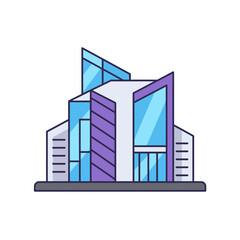 Modern geometric building illustration with blue and purple accents, concept for architectural design, urban planning and corporate headquarters