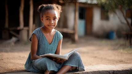 An African girl sitting on the ground, reading a book in a rural school yard, peaceful educational environment. Black African children from disadvantaged families study in school, read books