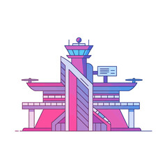 Naklejka premium Futuristic airport terminal with control tower illustration and vibrant color scheme, concept for modern travel hub, innovative transportation design and architectural visualization