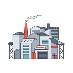 Obraz premium Detailed vector illustration of an industrial factory complex with chimney emitting smoke, concept for manufacturing process, energy production and environmental impact visualization